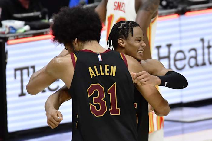 Feb 23, 2021; Cleveland, Ohio, USA; Cleveland Cavaliers center Jarrett Allen (31) and guard Isaac Okoro (35) celebrate after the Cavs beat the Atlanta Hawks at Rocket Mortgage FieldHouse.